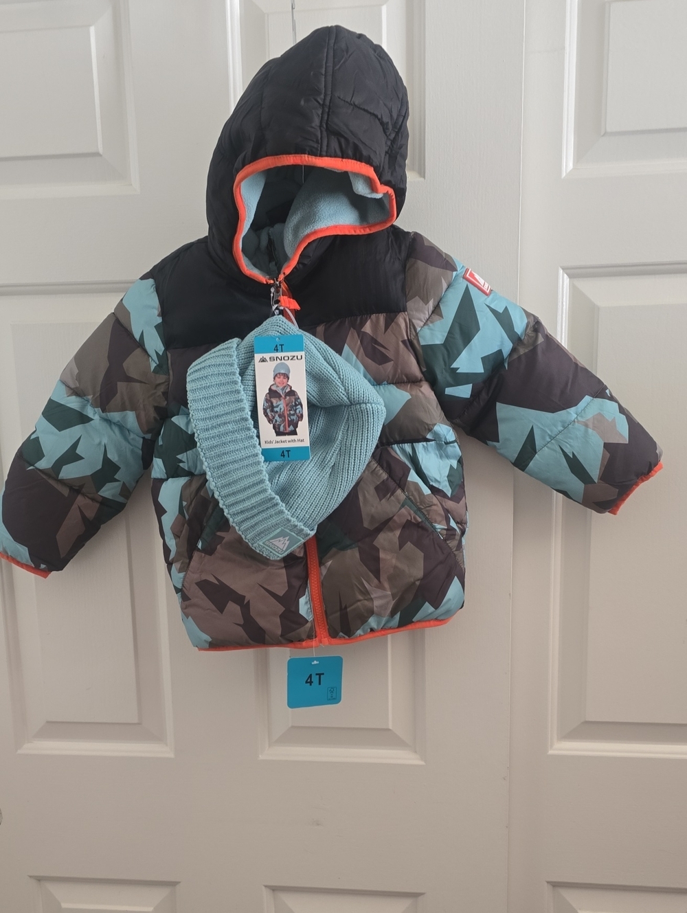 Kids Puffer Jacket and Beanie Set in Teal Camo -